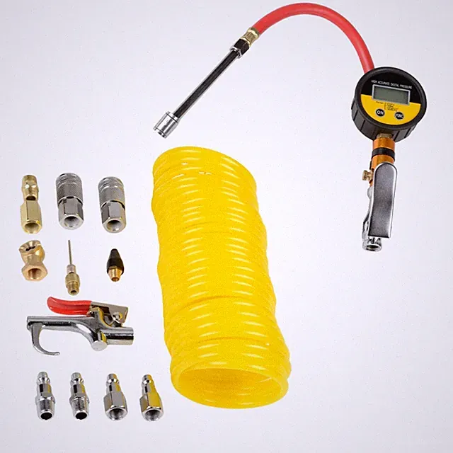 15pc Air Compressor Acc. Kit | 1/4" x25ft Recoil Air Hose, 230 PSI Digital Gauge