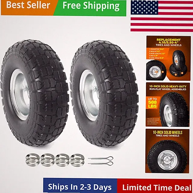2-Pack 10-Inch Solid Rubber Tire Wheels - Replacement 4.10/3.50-4" Flat Free...