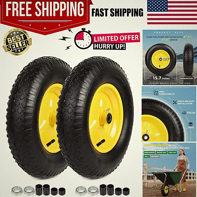 2-Pack 4.80/4.00-8 Pneumatic Tire Wheels - 16” for Garden Carts & Wheelbarrows