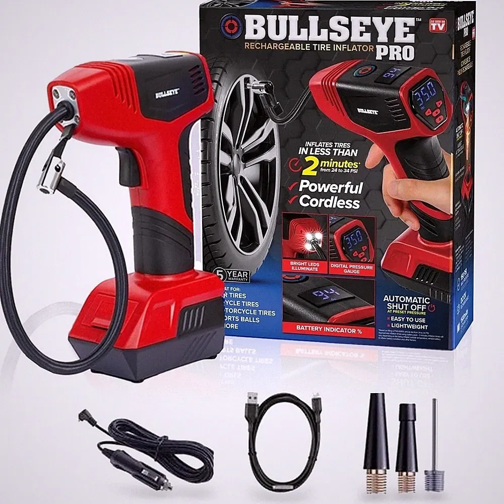 Bullseye Pro Red Tire Inflator Electric Air Compressor Portable 150 PSI 12V DC