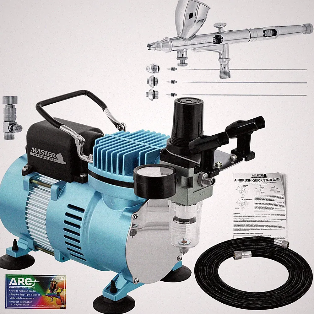 Master Airbrush Air Compressor Kit, G444 Fine Detail Gravity Feed 3 Tip Pro Set